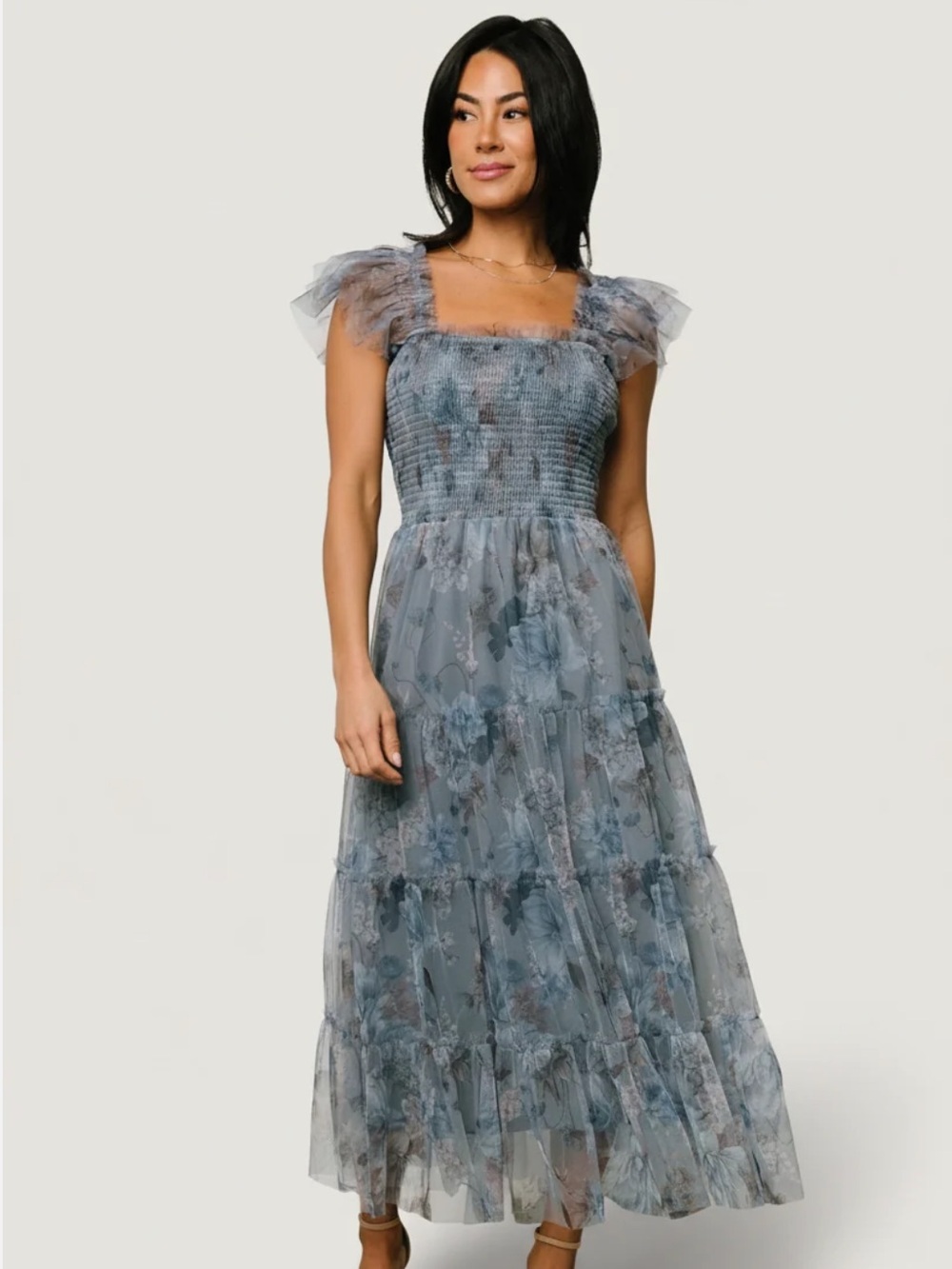 Baltic Born Blue Floral Smocked Tulle Maxi Dress